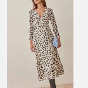 NEW Reformation Melba Wrap Dress Snow Leopard XL Long Sleeve Midi Quiet Luxury
